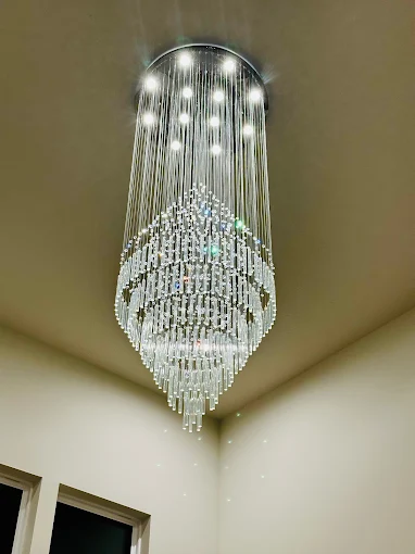 Crystal chandelier installed by Monday Electric in a North Texas home